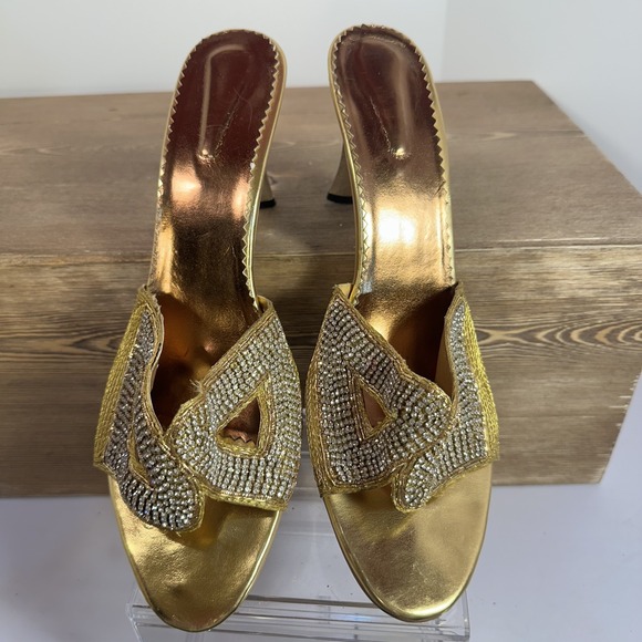 VTG Rhinestone Gold Stiletto Mule Heels Womens 12 Glam Pageant Prom Evening Gala - Picture 11 of 11